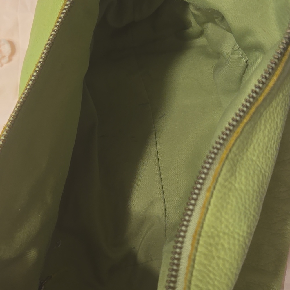 The Sak Lime Green Leather Boho Shoulder Bag Zip Close Beads Charms 15"w x11"h - Picture 9 of 10